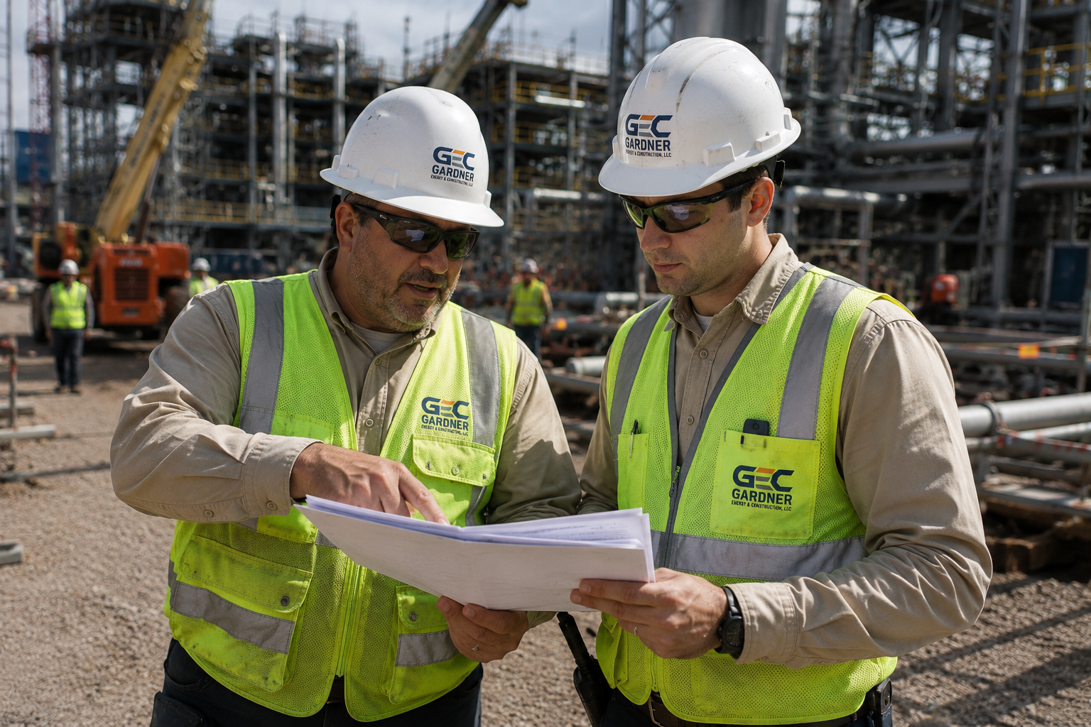 Gardner personnel reviewing project documents in the field during active construction planning