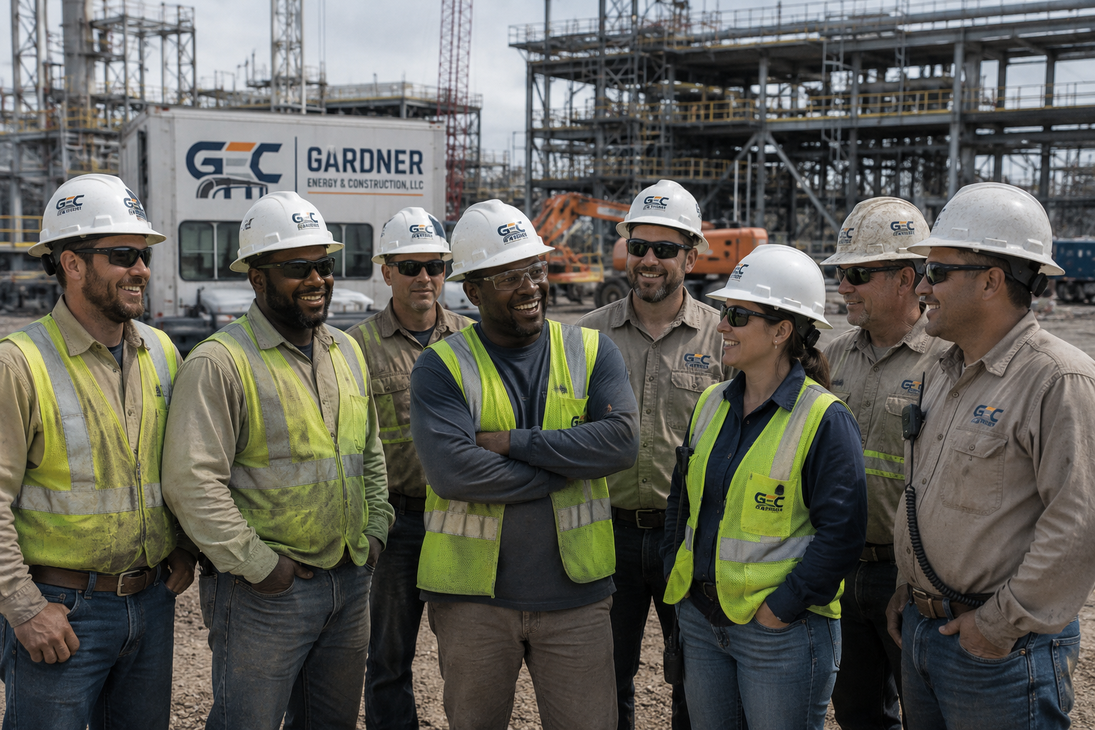 Gardner field team gathered on an active industrial site representing company culture and collaboration