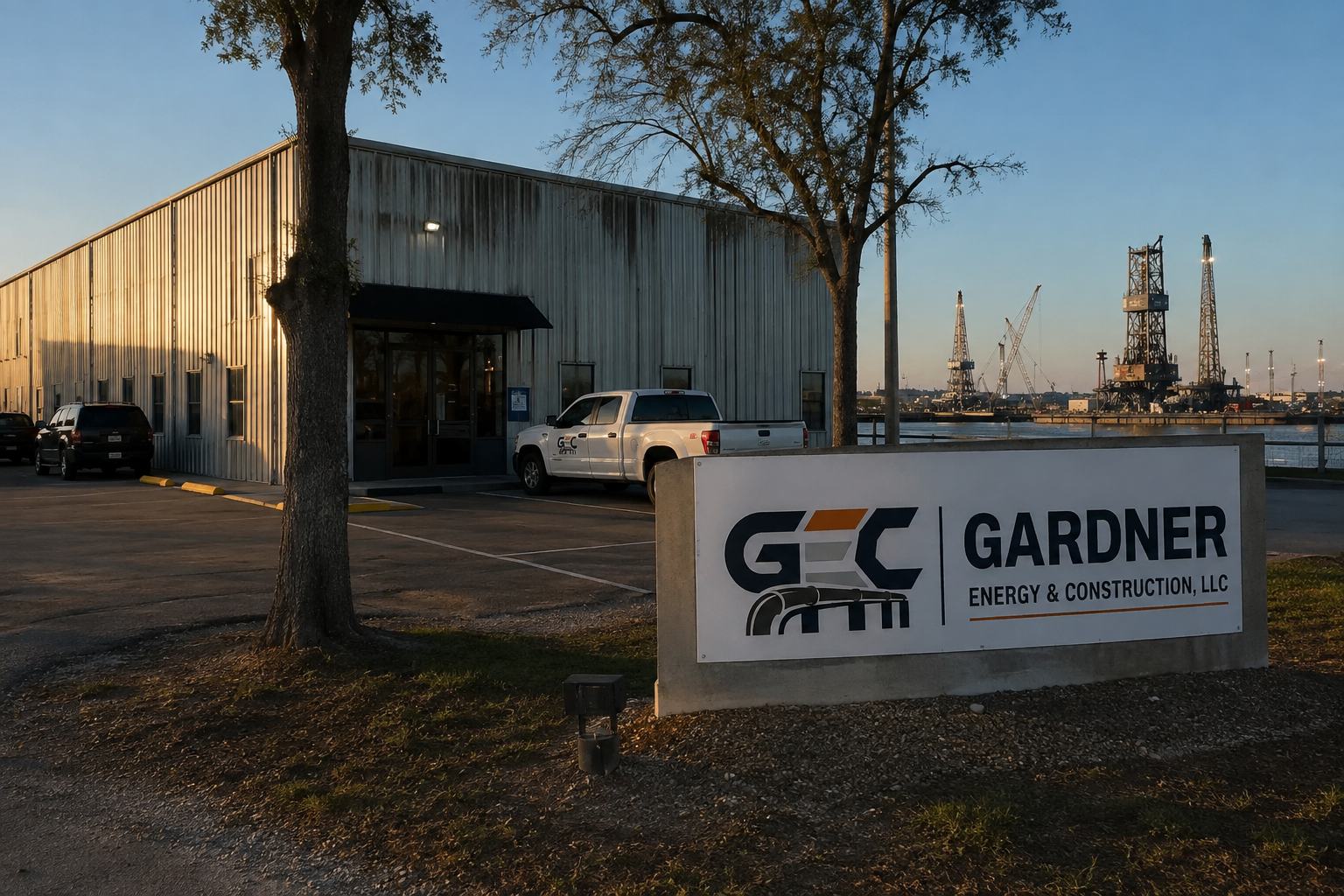 Gardner Energy and Construction facility frontage with branded site sign and industrial waterfront backdrop