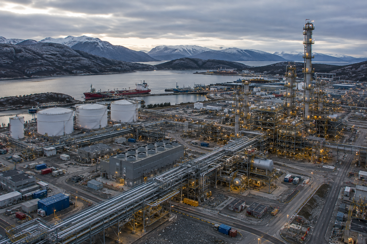 European energy infrastructure with terminal, storage, and mountainous coastal setting