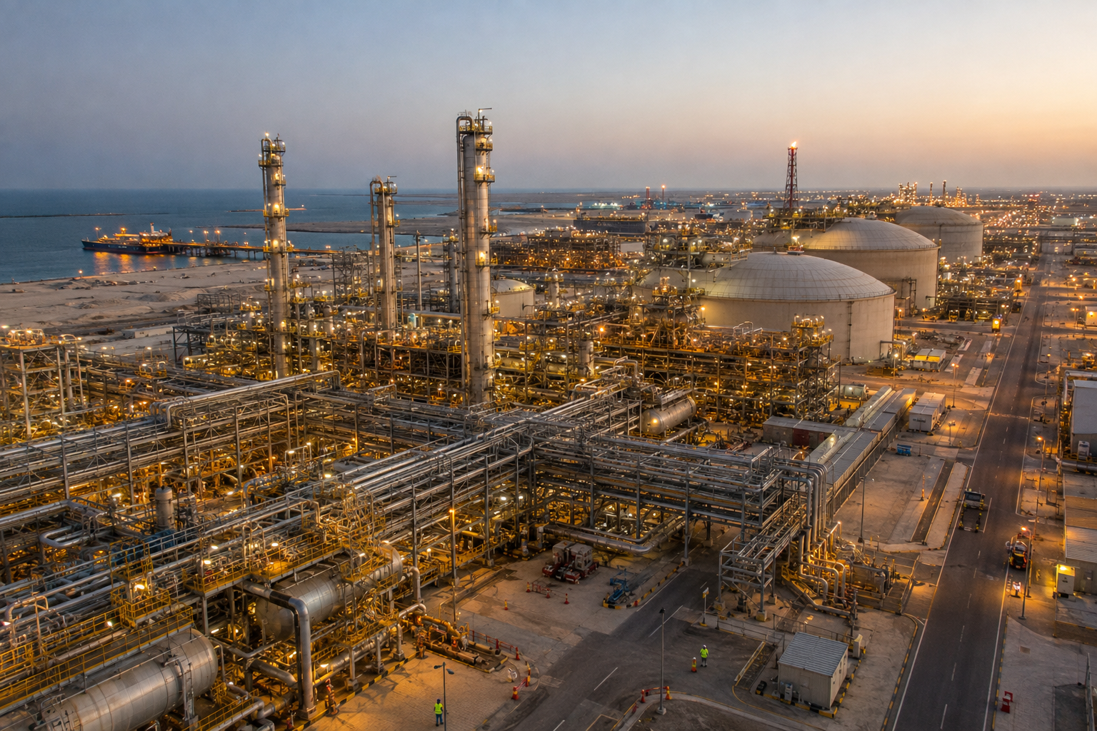 Middle Eastern coastal refinery and terminal infrastructure at dusk
