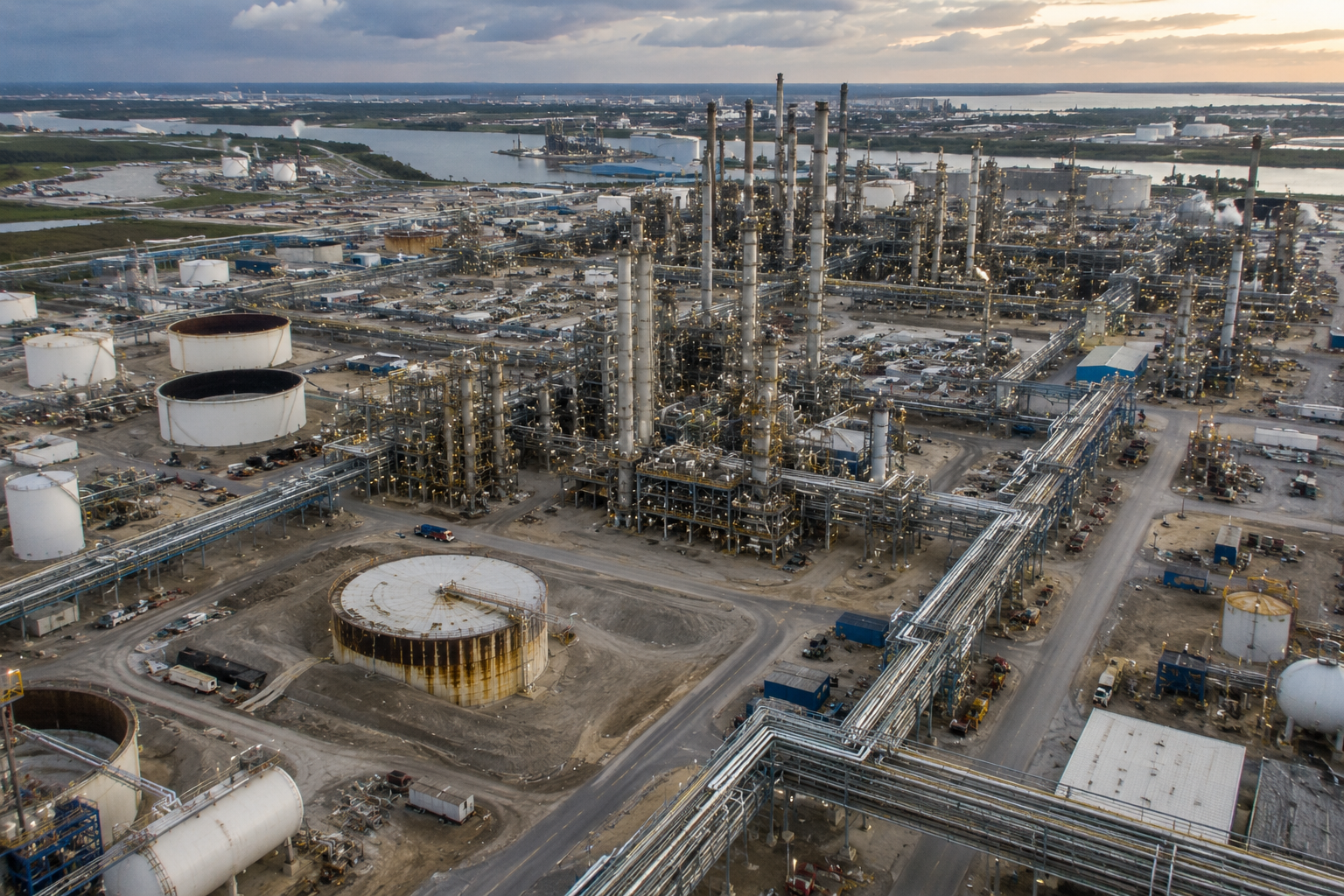 North American energy infrastructure complex with refinery and storage assets