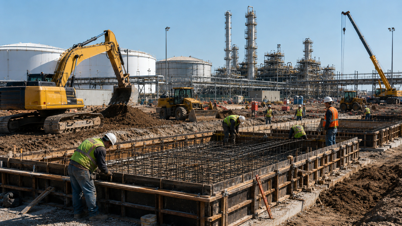 Industrial civil construction with concrete formwork, excavators, and workers building foundations