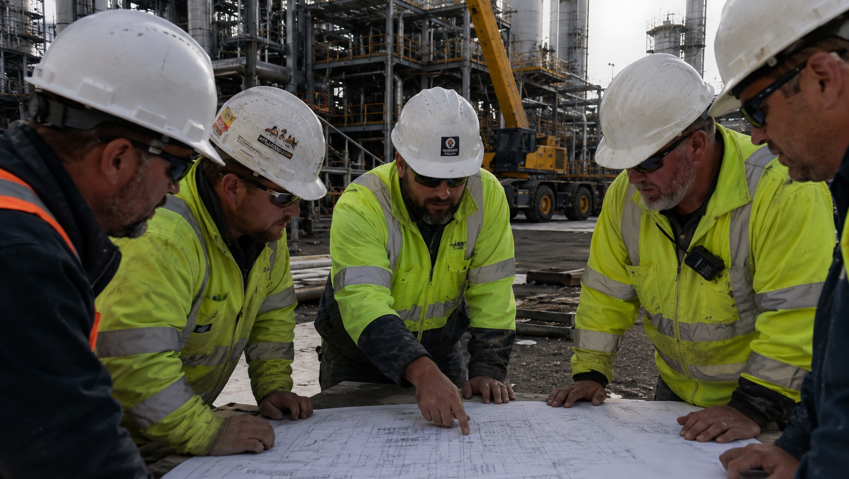 Project team in PPE reviewing execution drawings inside an operating industrial facility