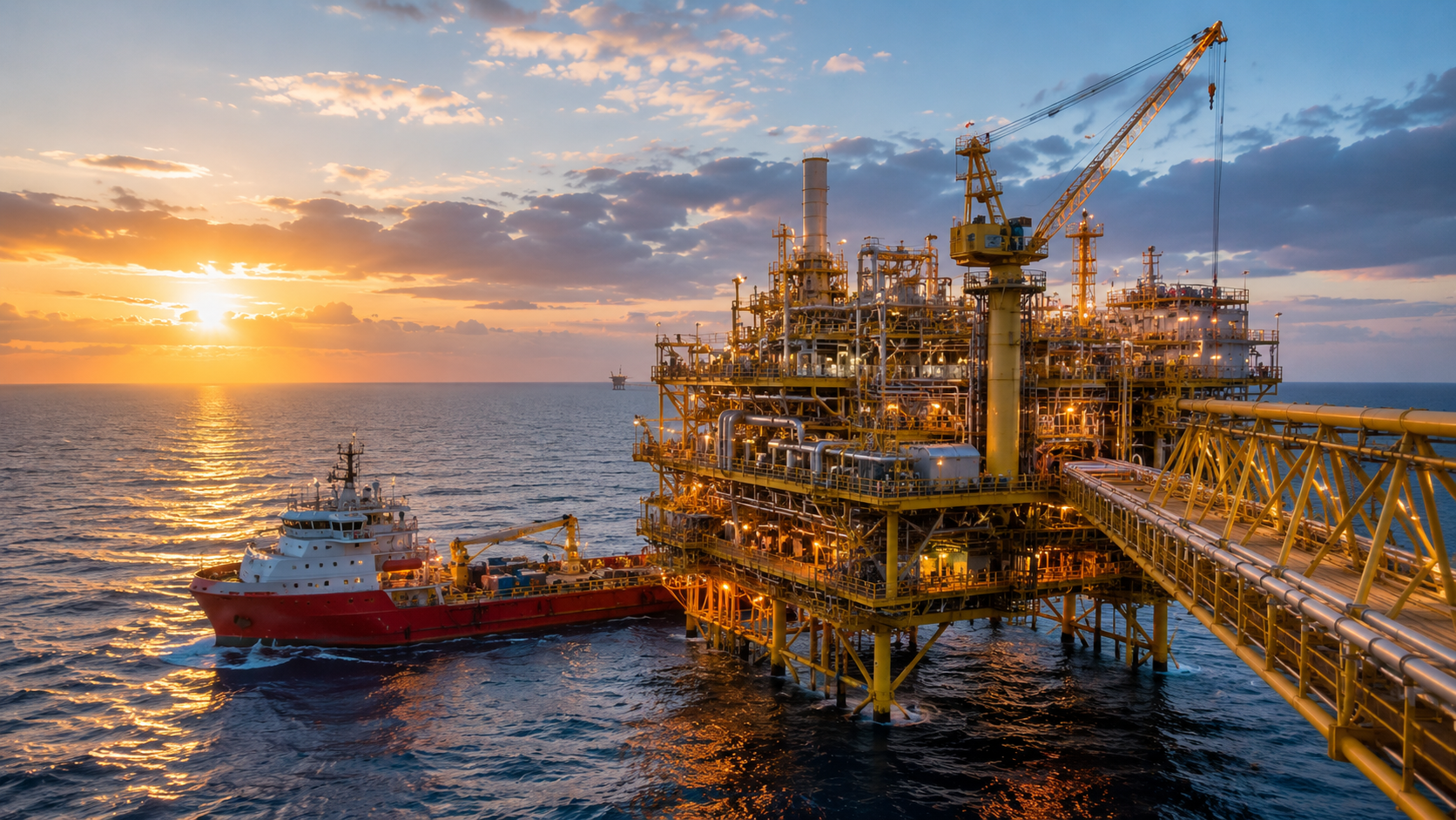 Offshore energy platform at sunset representing international project capability