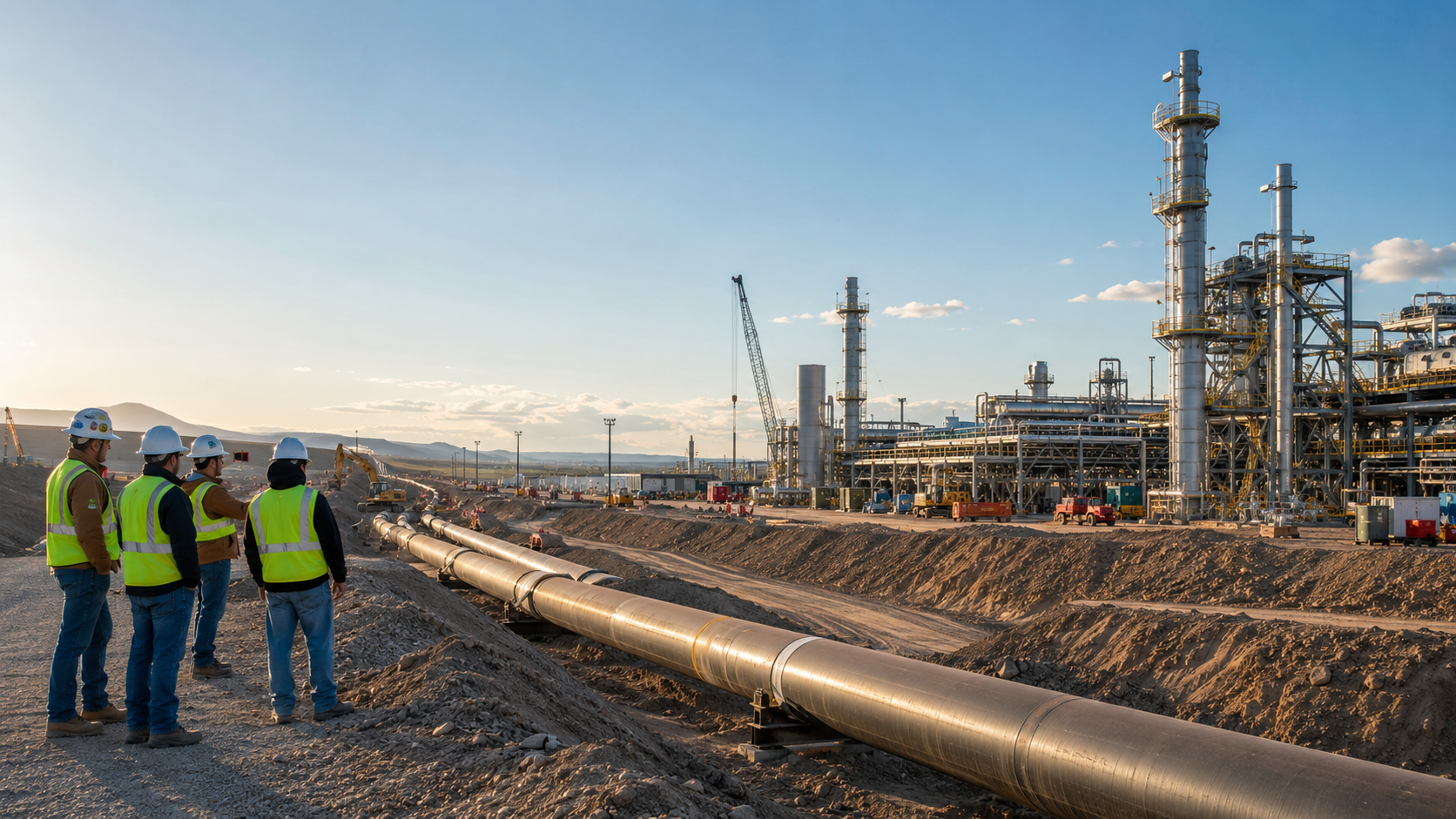 Pipeline right-of-way construction with workers observing large-diameter pipe installation