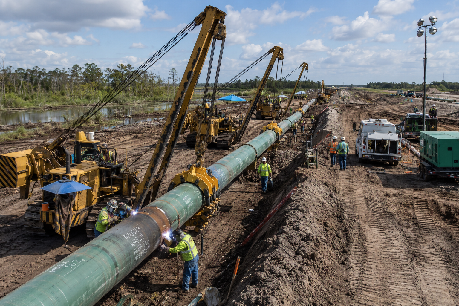 Pipeline construction crew and equipment in active right-of-way