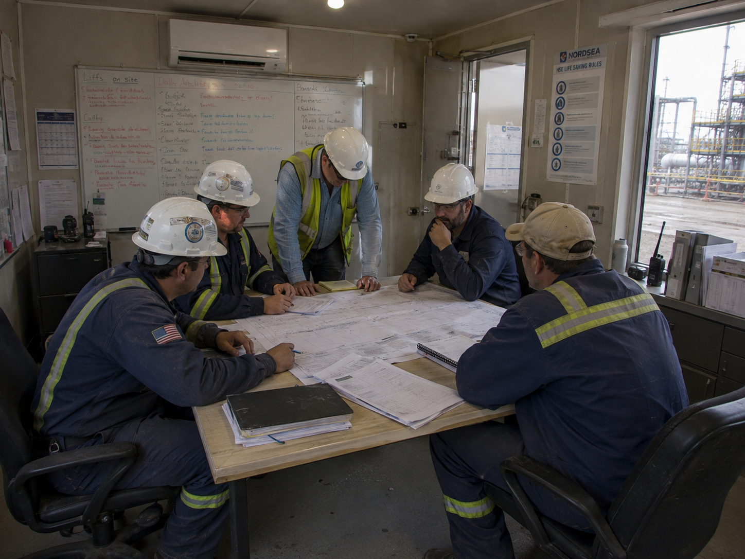 Project execution team reviewing plans and coordinating site work in a field office