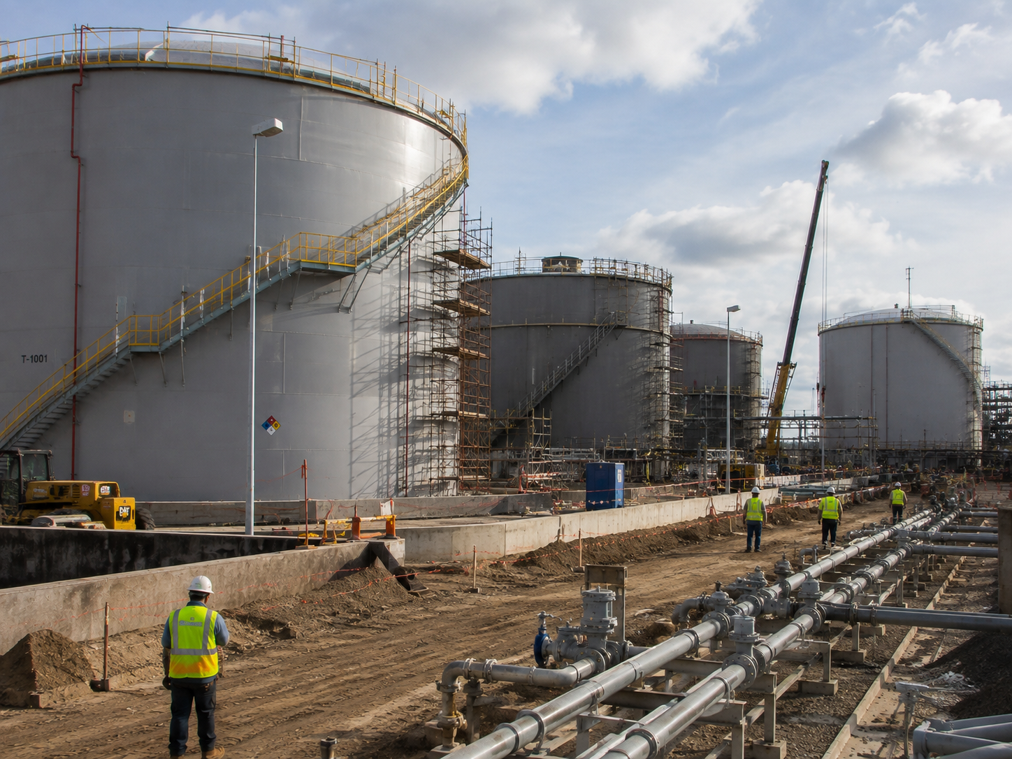 Industrial civil construction with concrete placement and reinforcing steel at an energy facility