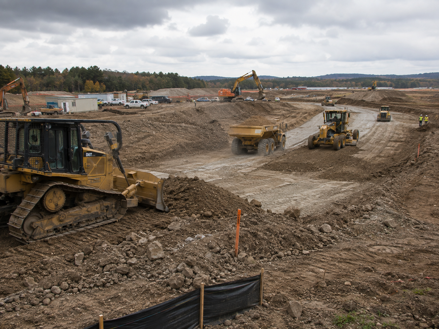 Heavy earthworks and grading operations with dozers, haul trucks, and excavators