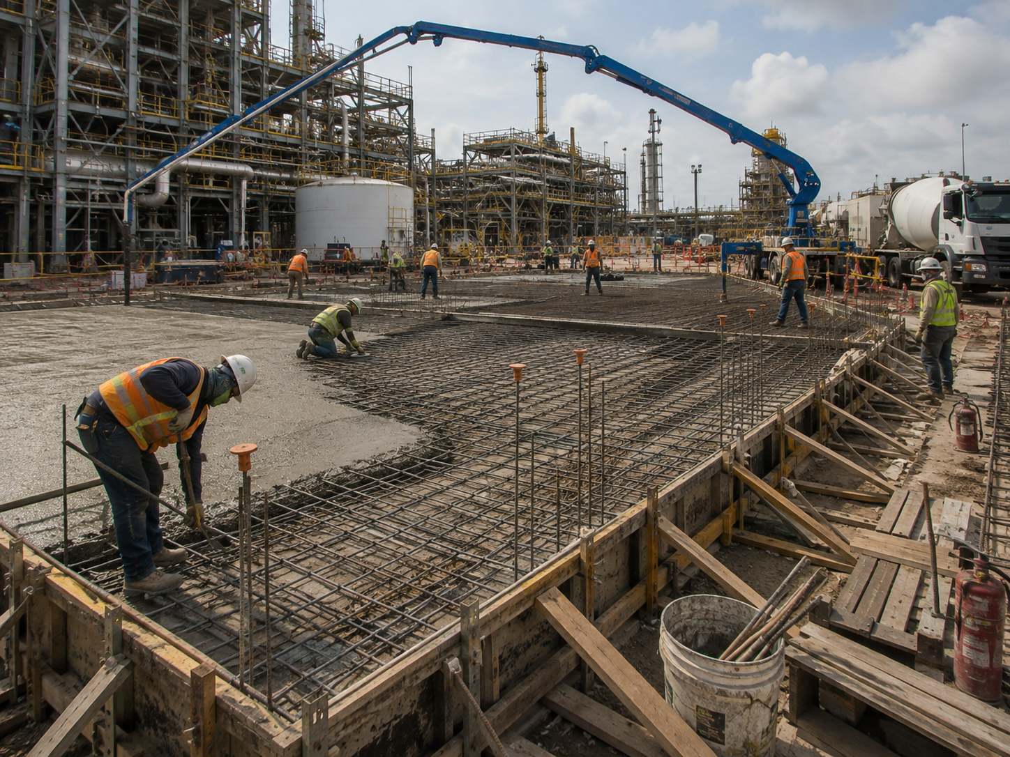 Tank farm and storage infrastructure construction with large tanks and piping corridors